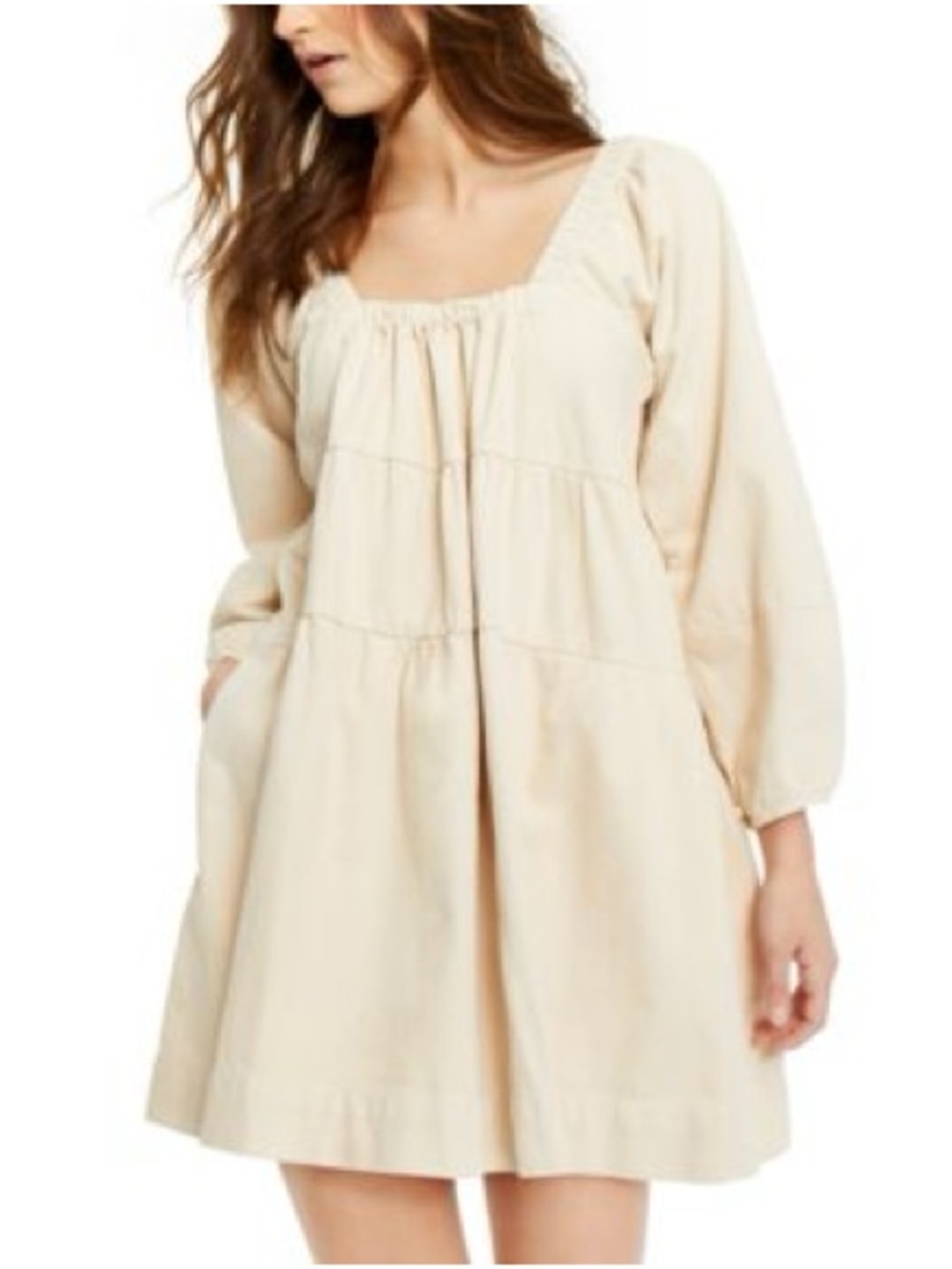 Free People Cream Square-Neck Tiered Mini Dress